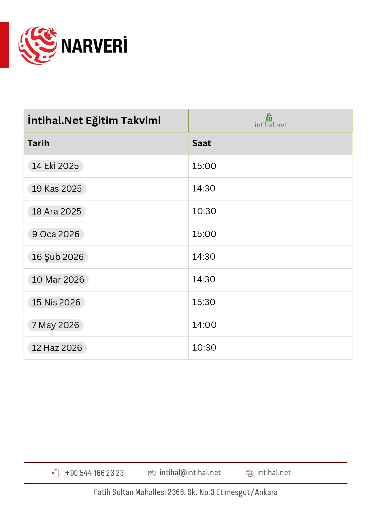 İntihal.net Eğitim Takvimi
